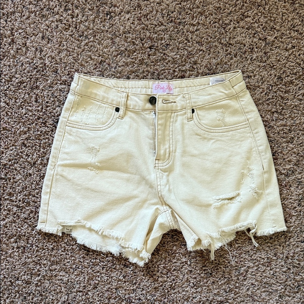 Pink Lily Cream Distressed Jean Shorts